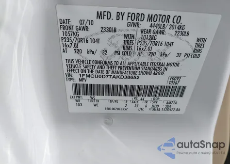 2010 Ford Escape Xlt from USA, damaged, VIN 1FMCU0D77AKD38652